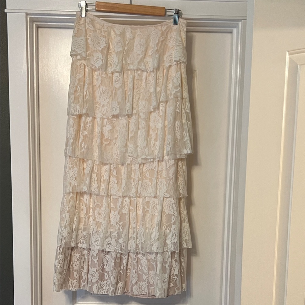 Sharon Tang Asymmetrical Lace Maxi Skirt in Cream/Ivory, Size Medium